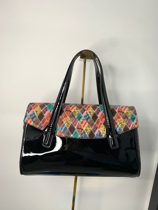 [YX]Colorful checked black leather bag-1